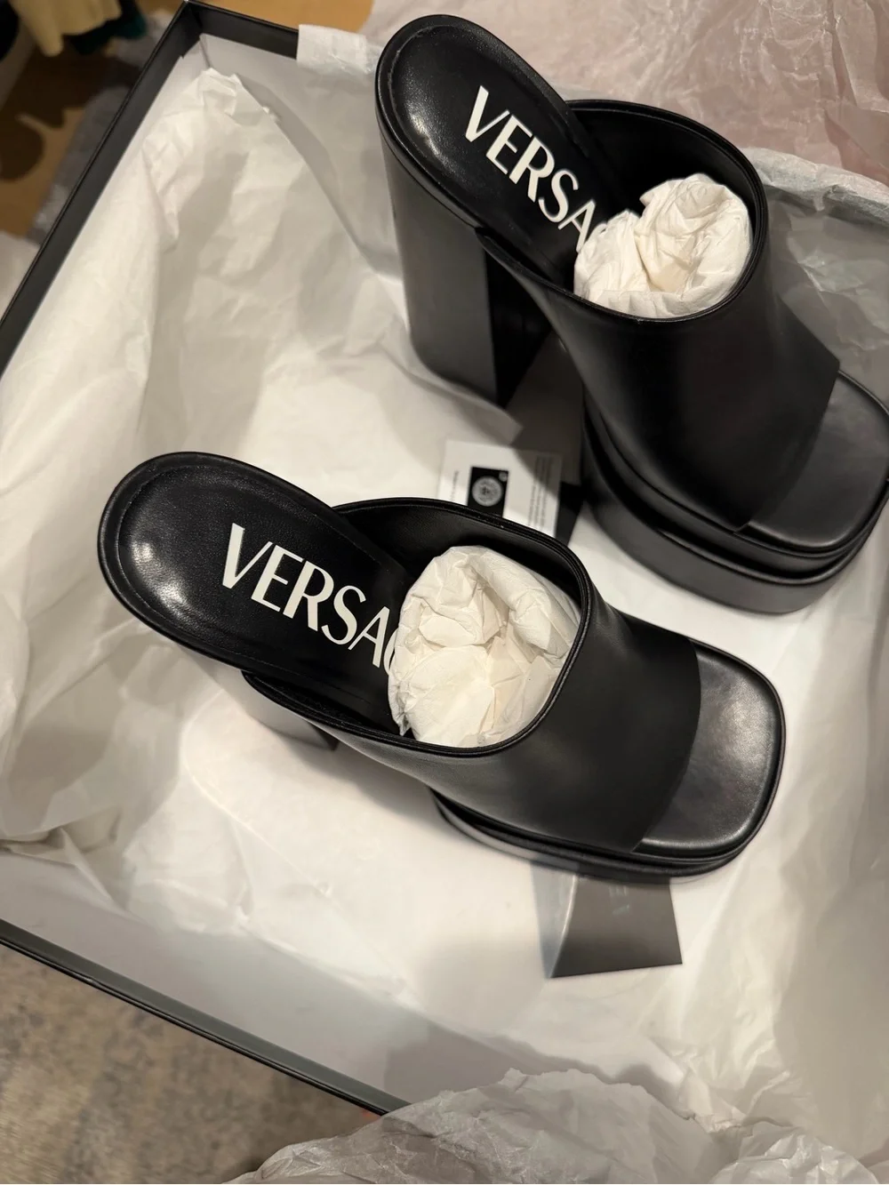 Versace Black Leather Platform Slide Heels